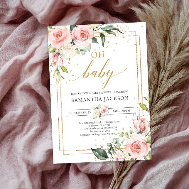 Elegante Rosa Blütengold Boho oh Babydusche Einladung (Elegant lush pink floral gold boho oh baby shower invitation)
