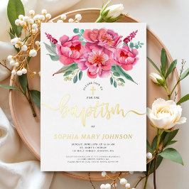 Elegante rosa Blütentaufe Gold Einladung