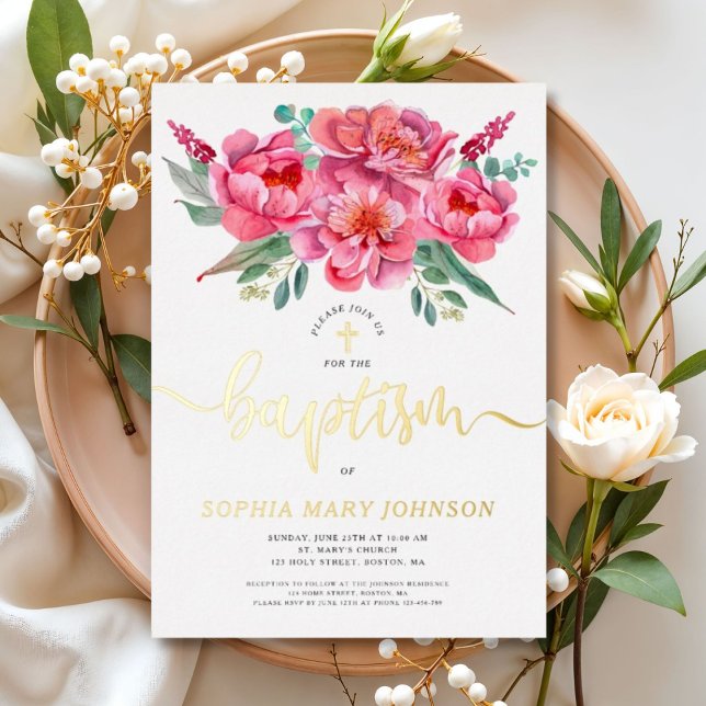 Elegante rosa Blütentaufe Gold Einladung (Elegant Pink Floral Baptism Gold Foil Invitation)