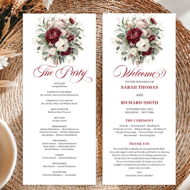Elegante Rosa-Bordeaux Blumen-Hochzeitsprogrammkar Programm (Elegant Blush Burgundy Floral Wedding Program Card)