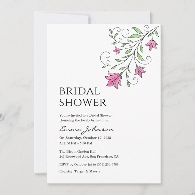 Elegante Rosa Botanische Bridal Dusche Einladungen (Vorderseite)
