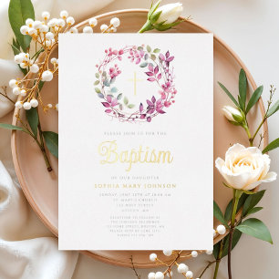 Elegante rosa Botanische Religiöse Girl Baptisse Folieneinladung