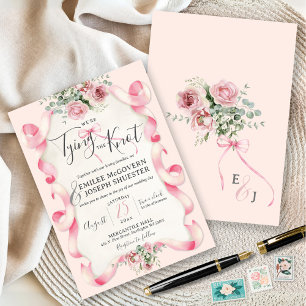 Elegante rosa Bow Coquette Floral Monogram Wedding Einladung