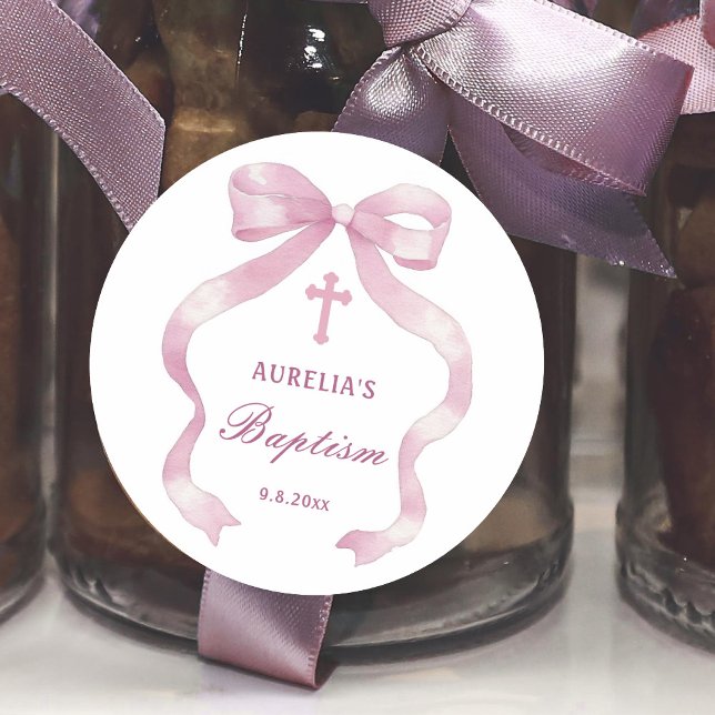 Elegante rosa Bow-Taufe Runder Aufkleber (Von Creator hochgeladen)