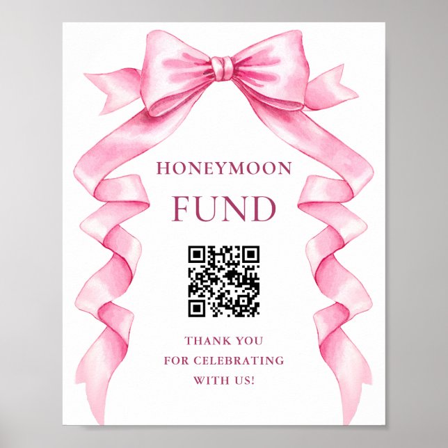Elegante Rosa Bow Wedding Honeymoon Fund Sign Poster (Vorne)