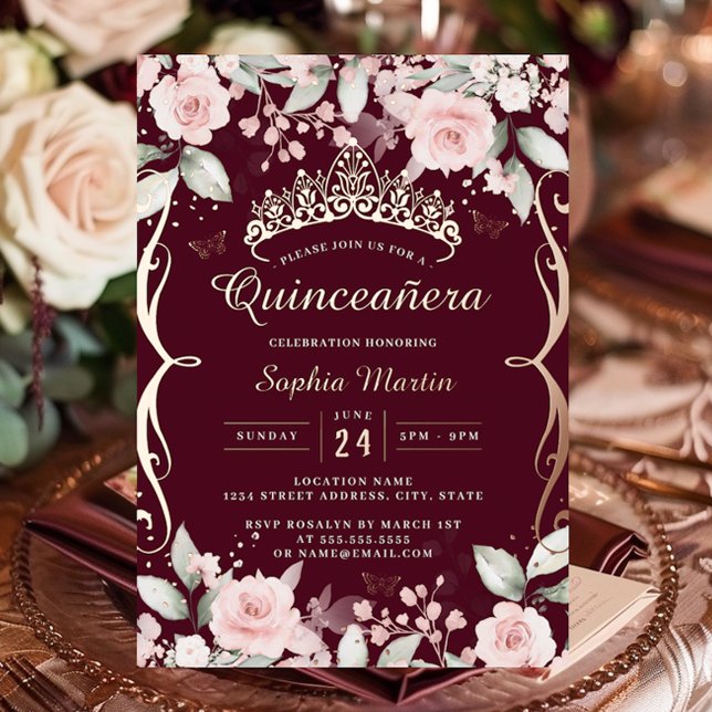 Elegante Rosa Burgund Rose Gold Quinceanera Folieneinladung (Von Creator hochgeladen)