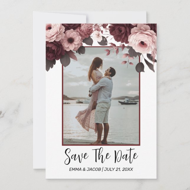 Elegante Rosa Burgund Rose Save the Date (Vorderseite)