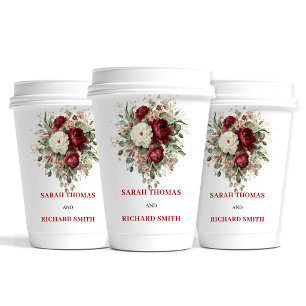 Elegante Rosa-Burgunder-Blumen-Hochzeitstassen Pappbecher