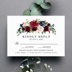 Elegante Rosa Burgunder Navy Blumen Menüwahl RSVP Karte