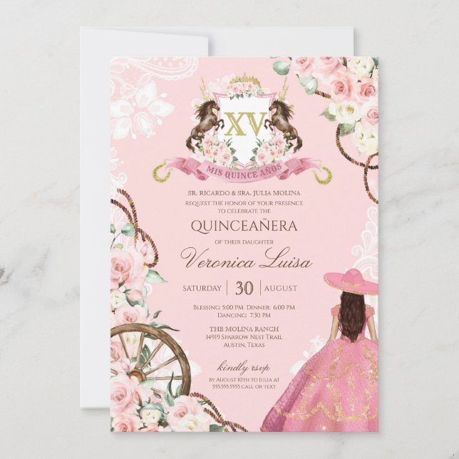 Elegante Rosa Charro Quinceanera Einladung (Vorderseite)