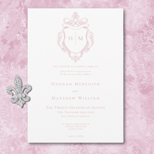 Elegante Rosa Chinoiserie Bird & Wappen Wedding Einladung (Elegant Pink Chinoiserie Bird & Crest Wedding Invitation)