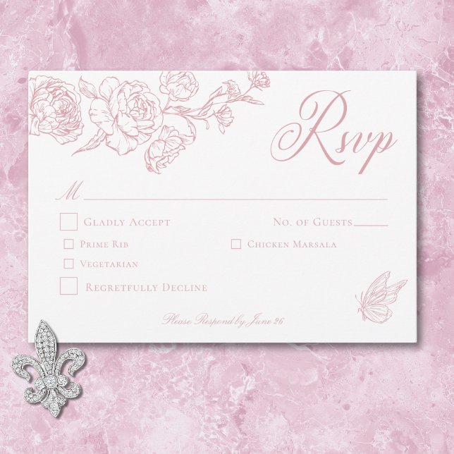Elegante Rosa Chinoiserie Bird & Wappen Wedding RSVP Karte (Elegant Pink Chinoiserie Bird & Crest Wedding RSVP Card)