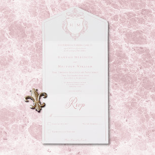 Elegante rosa Chinoiserie-Vogelemblem-Hochzeit All In One Einladung