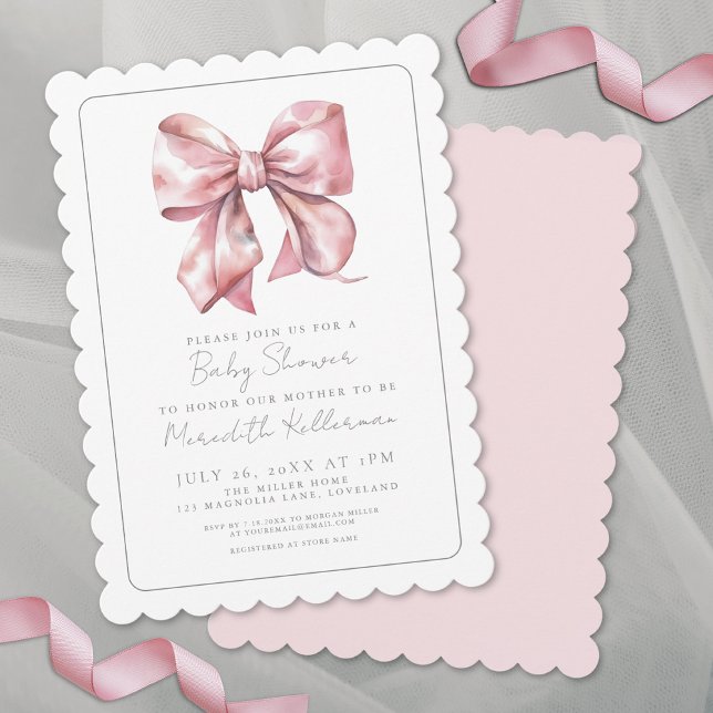 Elegante rosa Coquette Bow Baby Dusche Einladung (Elegant Coquette Girl Pink Bow Baby Shower Invitation)