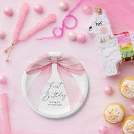 Elegante Rosa Coquette Bow First Birthday Girl Pappteller