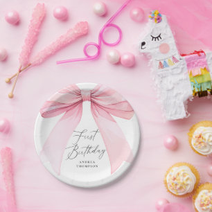 Elegante Rosa Coquette Bow First Birthday Girl Pappteller