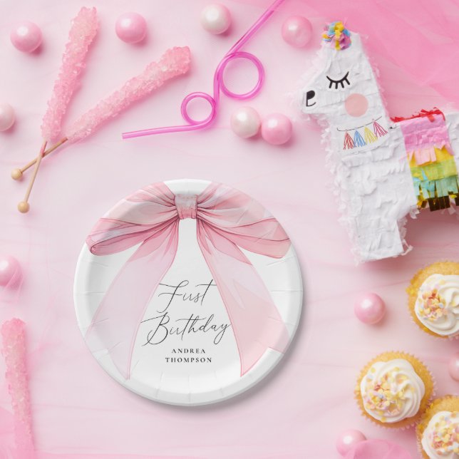 Elegante Rosa Coquette Bow First Birthday Girl Pappteller (Party)