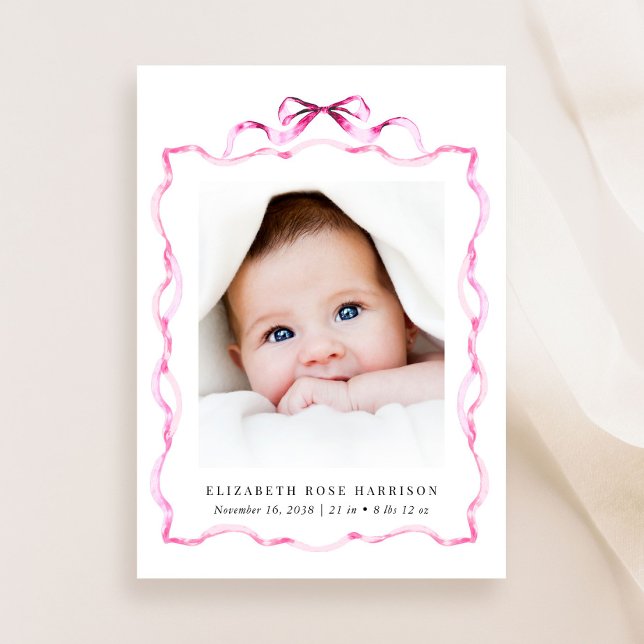 Elegante Rosa Coquette Bow Foto Girl Birth Ankündigung (A beautiful and unique way to thank family and friends and introduce them to your precious baby girl)