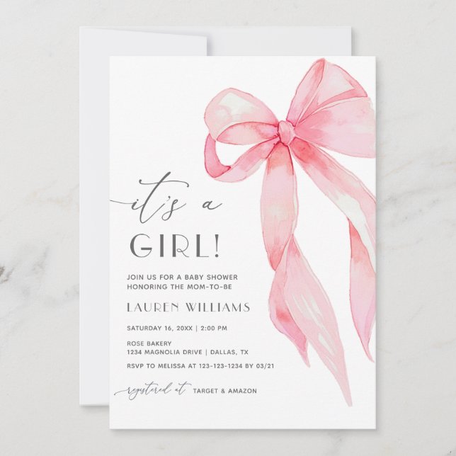 Elegante rosa Coquette Bow The Girl Baby Dusche Einladung (Vorderseite)