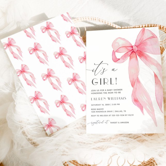 Elegante rosa Coquette Bow The Girl Baby Dusche Einladung (Von Creator hochgeladen)