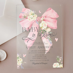 Elegante rosa Coquette Floral Bow Baby Dusche Acryleinladungen