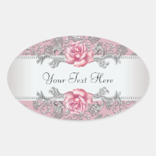 Elegante rosa Damast-Rosen-Aufkleber Ovaler Aufkleber