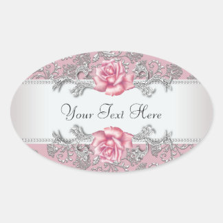 Elegante rosa Damast-Rosen-Aufkleber Ovaler Aufkleber