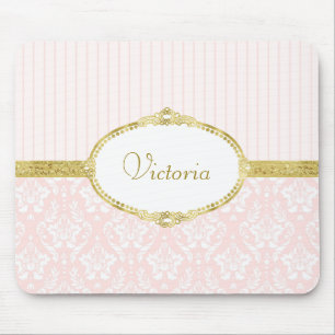 Elegante rosa Damast Vintage Gold Rahmen und Name Mousepad