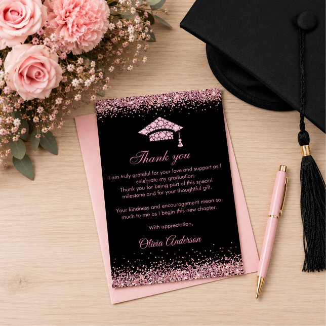 Elegante rosa Diamanten Abschluss Danke (Pink diamonds cap graduation party invitation)