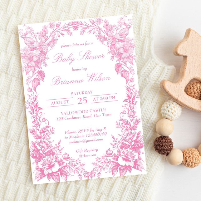 Elegante rosa Dusche mit botanischer Babydusche Einladung (Elegant pink French toile botanical girl baby shower Invitation editable template instant download)