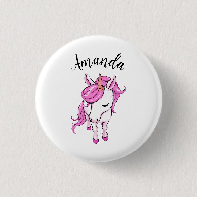 Elegante Rosa Einhorn Girl Name Button (Vorderseite)