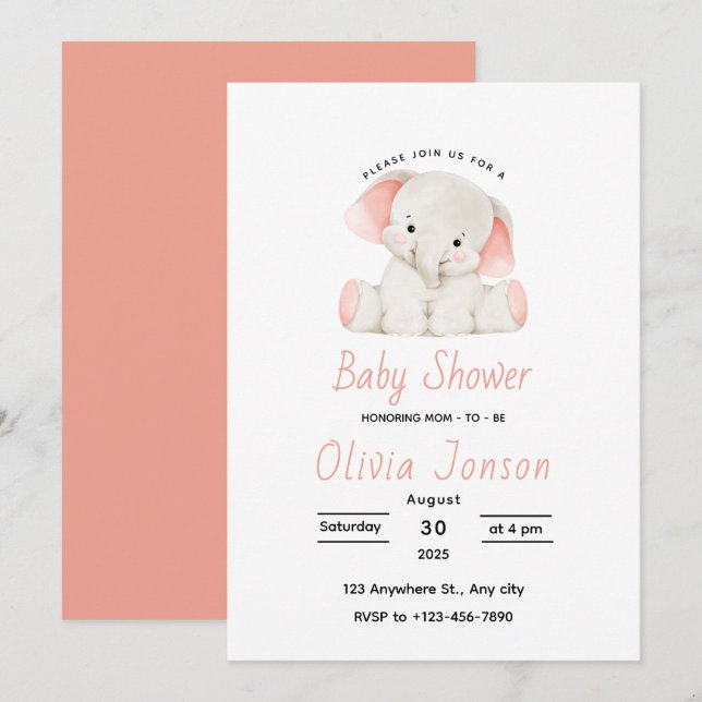 Elegante rosa Elefant-Baby-Shower-Einladung Einladung (Vorne/Hinten)
