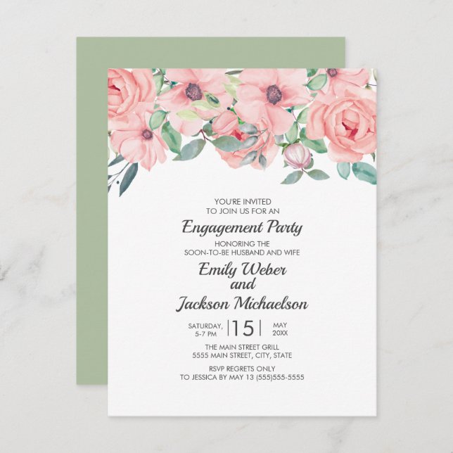 Elegante Rosa-Farbton Grüne Verlobung Einladung (Vorne/Hinten)