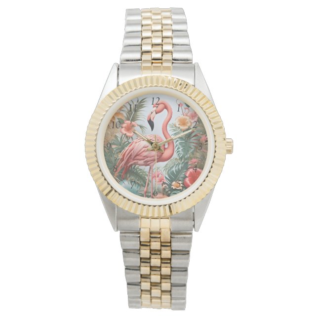 Elegante rosa Flamingo Bird und tropische Blume Armbanduhr (Vorderseite)