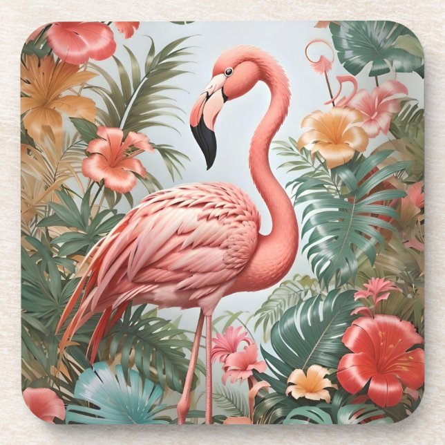 Elegante rosa Flamingo Bird und tropische Blume Getränkeuntersetzer (Vorderseite)