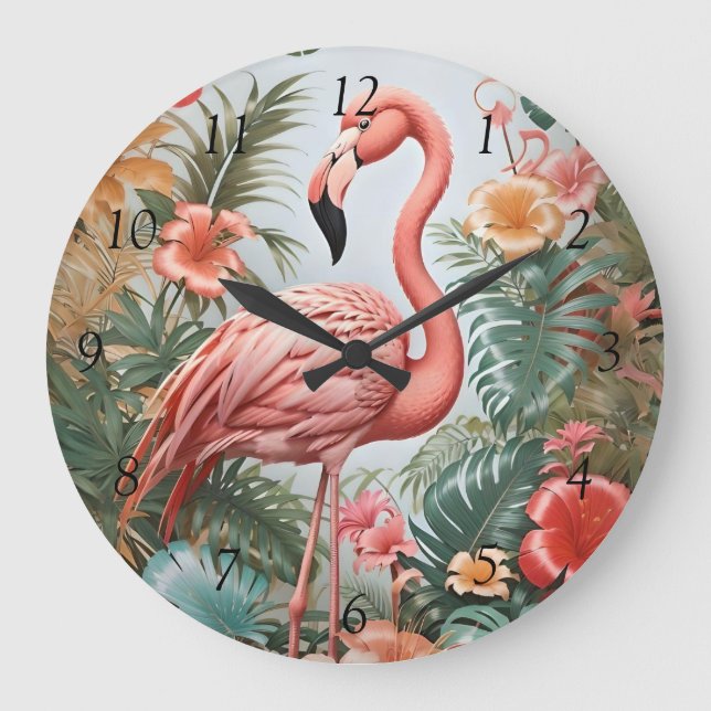 Elegante rosa Flamingo Bird und tropische Blume Große Wanduhr (Vorderseite)