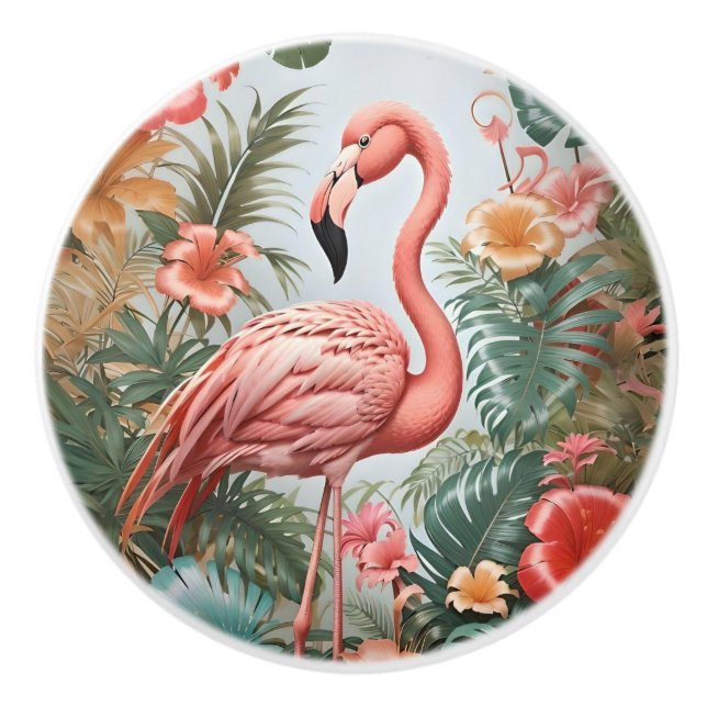 Elegante rosa Flamingo Bird und tropische Blume Keramikknauf (Vorderseite)