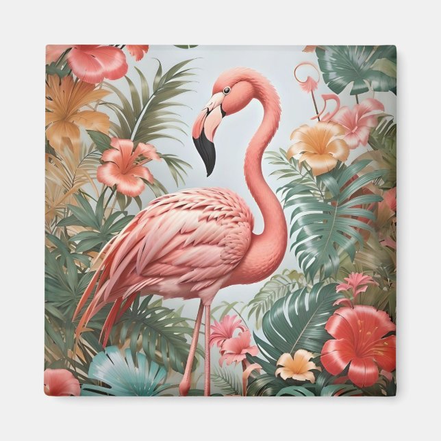 Elegante rosa Flamingo Bird und tropische Blume Magnet (Vorne)