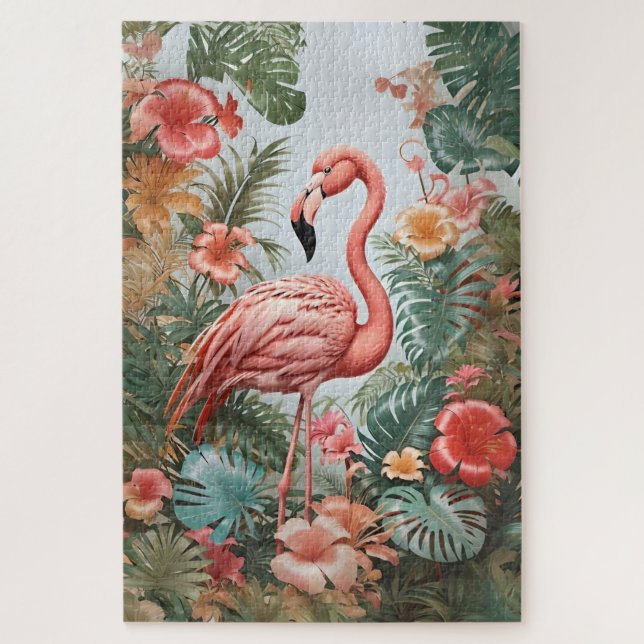 Elegante rosa Flamingo Bird und tropische Blume Puzzle (Vertikal)
