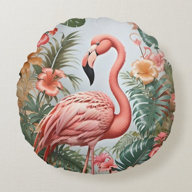 Elegante rosa Flamingo Bird und tropische Blume Rundes Kissen (Vorderseite)