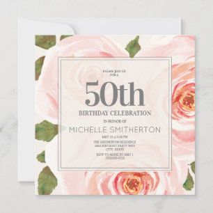Elegante Rosa Flora Blätter 50. Geburtstagsfrauen Einladung