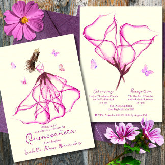 Elegante Rosa Flora Lily Wasserfarben Quinceñera Einladung