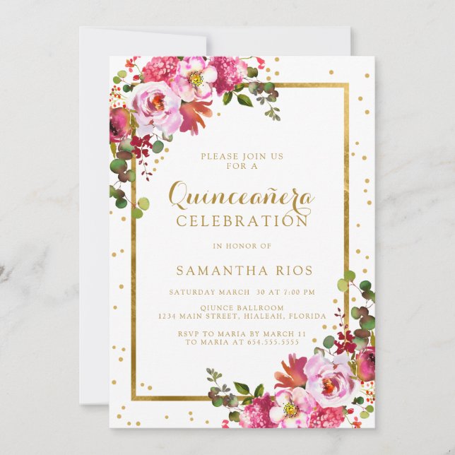 Elegante Rosa Flora und Goldene Rahmen Quinceanera Einladung (Vorderseite)