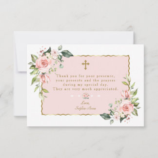 Elegante Rosa Floral Gold Cross Boy Bestätigung Dankeskarte