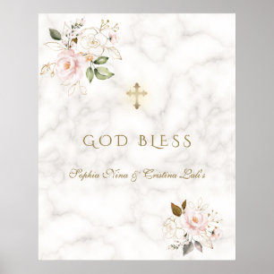 Elegante rosa Floral Gold Taufe Gott segne Zeichen Poster