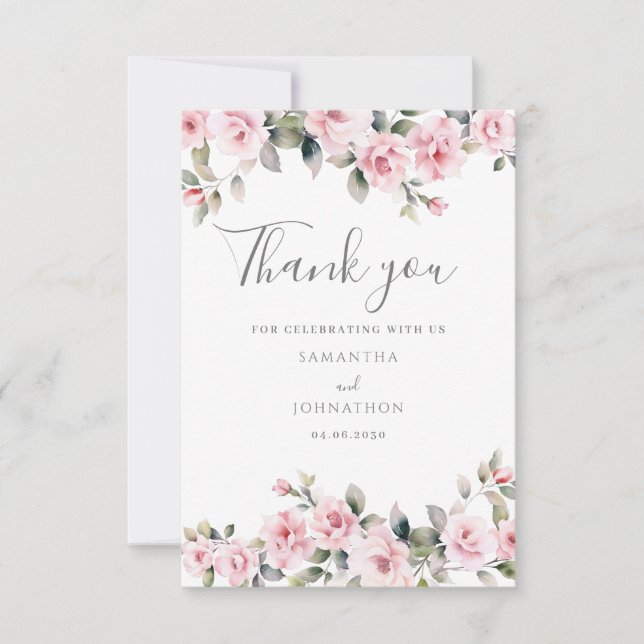 Elegante Rosa Floral Hochzeit Flat Danke Karte (Vorderseite)