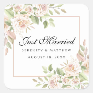 Elegante rosa Floral-Just-Married-Hochzeit Quadratischer Aufkleber