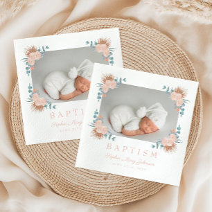 Elegante rosa Floral Mädchen Taufe Foto  Serviette