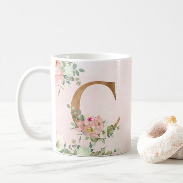 Elegante Rosa Floral Monogram C Tasse (Mit Donut)