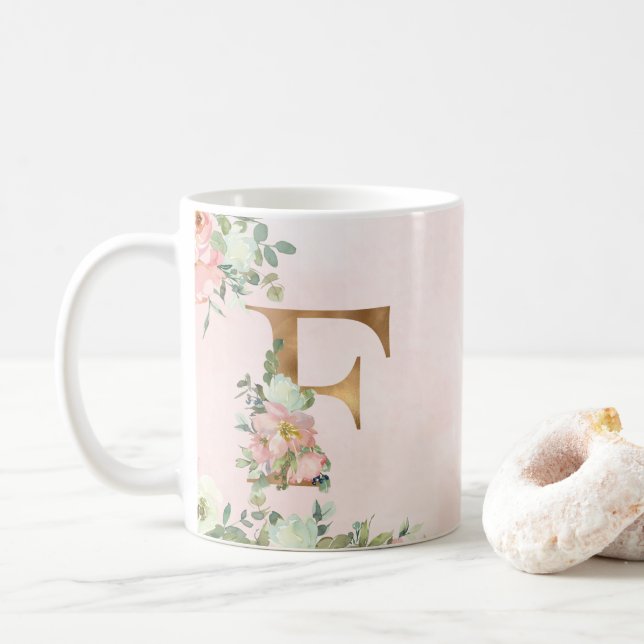 Elegante Rosa Floral Monogram F Kaffeemaschine Tas Kaffeetasse (Mit Donut)